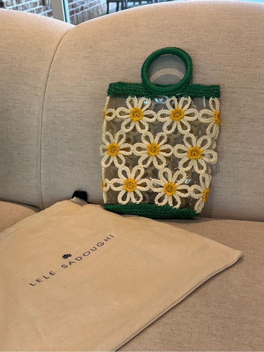Lele Sadoughi Clear Crochet Daisy Tote in Green, White and Yellow
